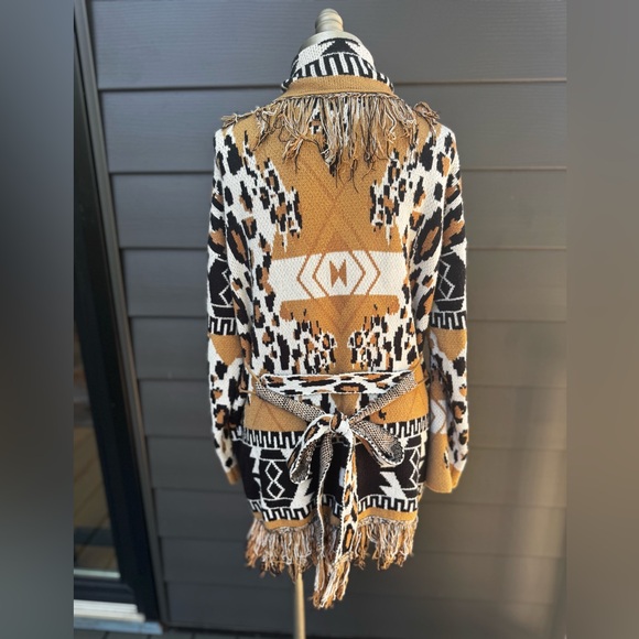 Rain + Rose Jacquard Fringe Cardigan w/ Belt | Tribal Animal Print | Sz Medium - Picture 3 of 9